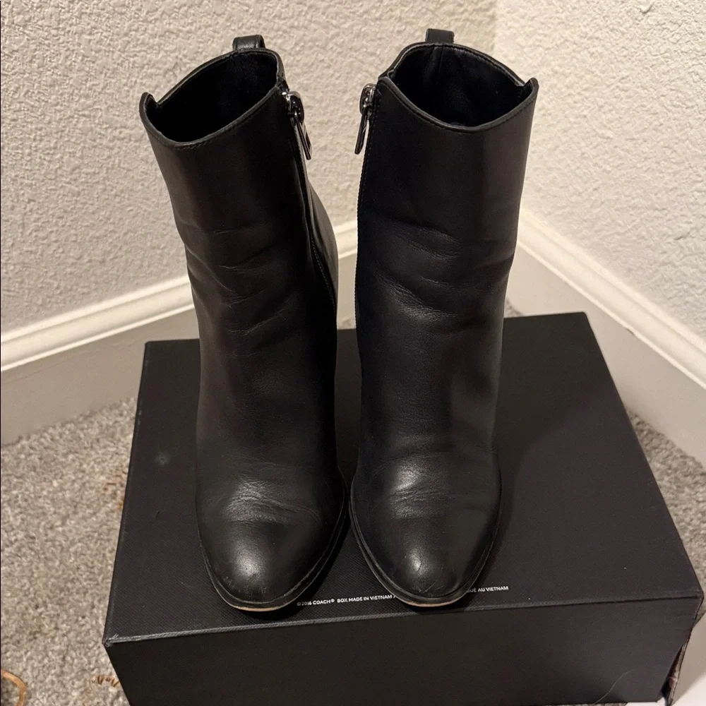 Coach Black Leather Pointed Toe Ankle Booties with Side Zip