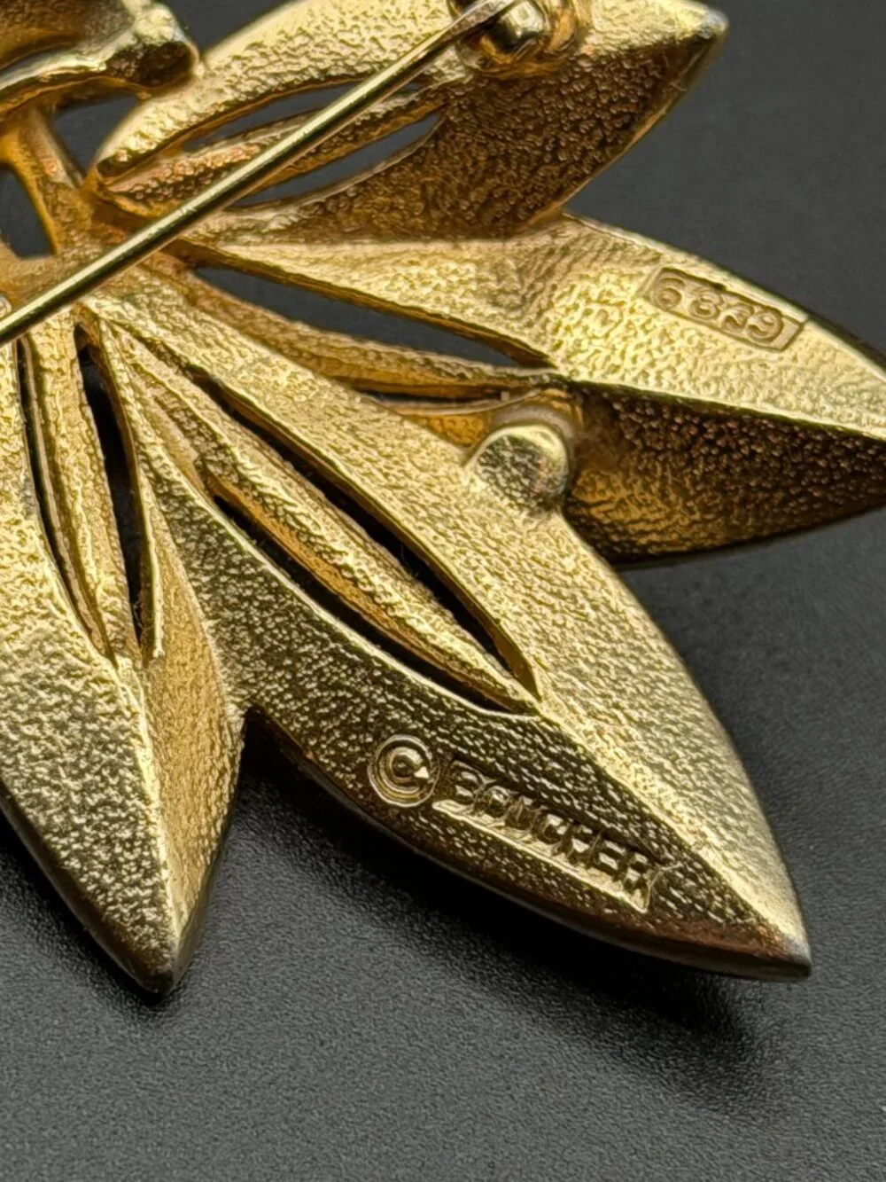 Rare Vintage Boucher 6839 Gold Tone Layered Leaf Flower Brooch Signed Boucher