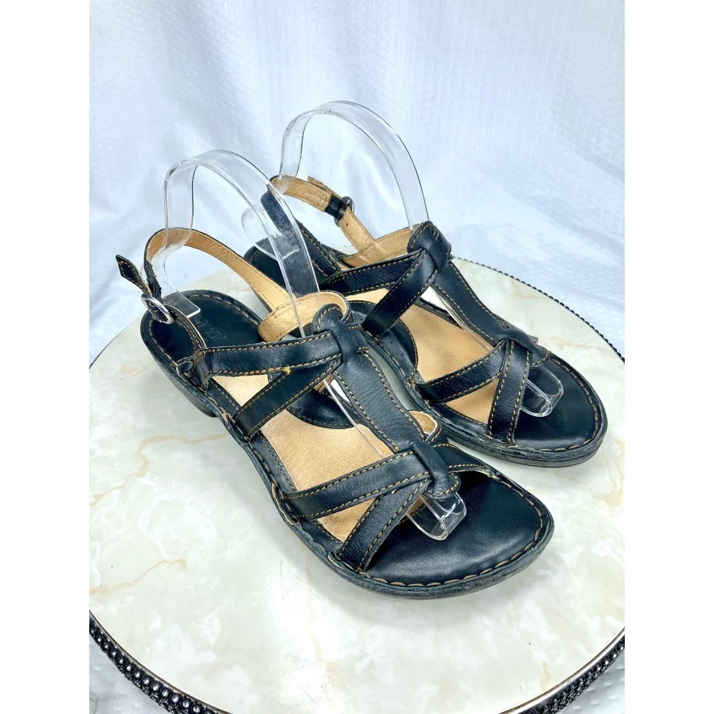Born Leather Strappy Wedge Sandals Womens 8 Black Slingback Summer Comfort Heel