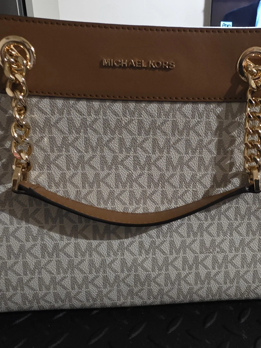 NWOT Michael Kors Beige Signature Tote with Brown Trim and Gold Hardware