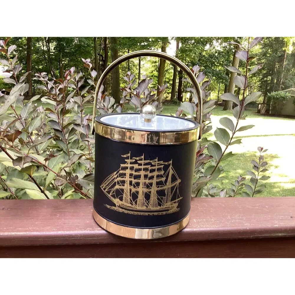Shelton Ware Ice Bucket Vintage Barware Sailboat 1960 MCM‎ Retro Black Gold
