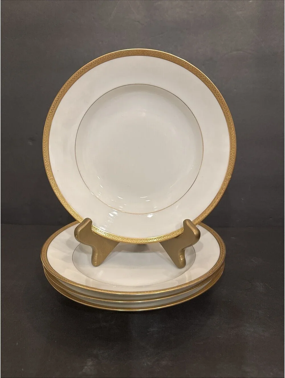 Antique Limoges (4)  L. Royer Gold Encrusted Rim Coupe Pasta Bowl 9” France