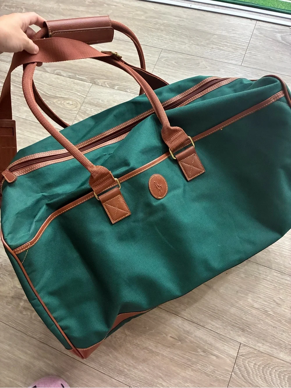 Polo Ralph Lauren Green Canvas Large Duffel with Leather Brown Trim