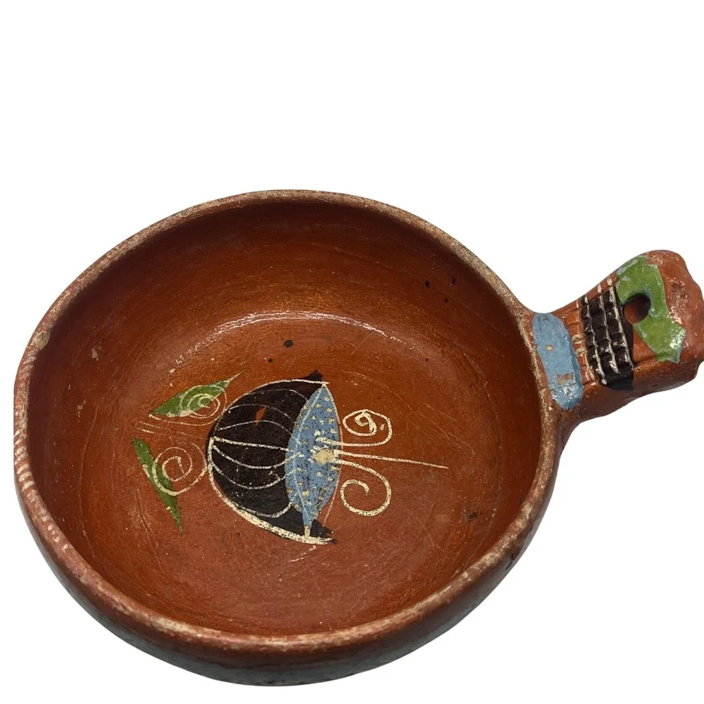 Vintage HECHO EN MEXICO Redware Pottery‎ Serving Bowl Hand-made Painted