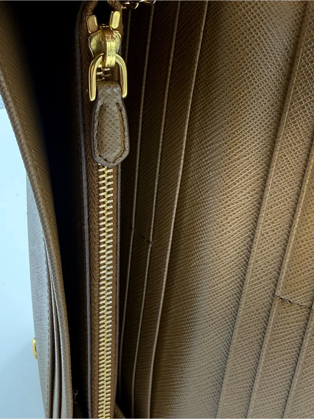 Prada Saffiano Metal Bar Flap Wallet in Caramel / Camello W/ card holder