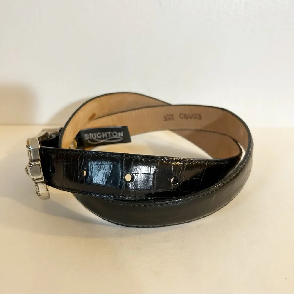 VTG Brighton Croc-embossed Black Leather Belt Western-style Silver Buckle ML 32