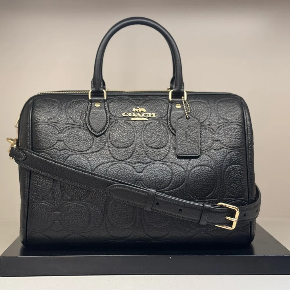 Coach Black Embossed Leather Satchel with Gold Hardware