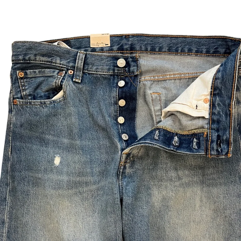 Levis 501 Original Fit Straight Leg Distressed Blue Denim Jeans‎ Mens 34x30
