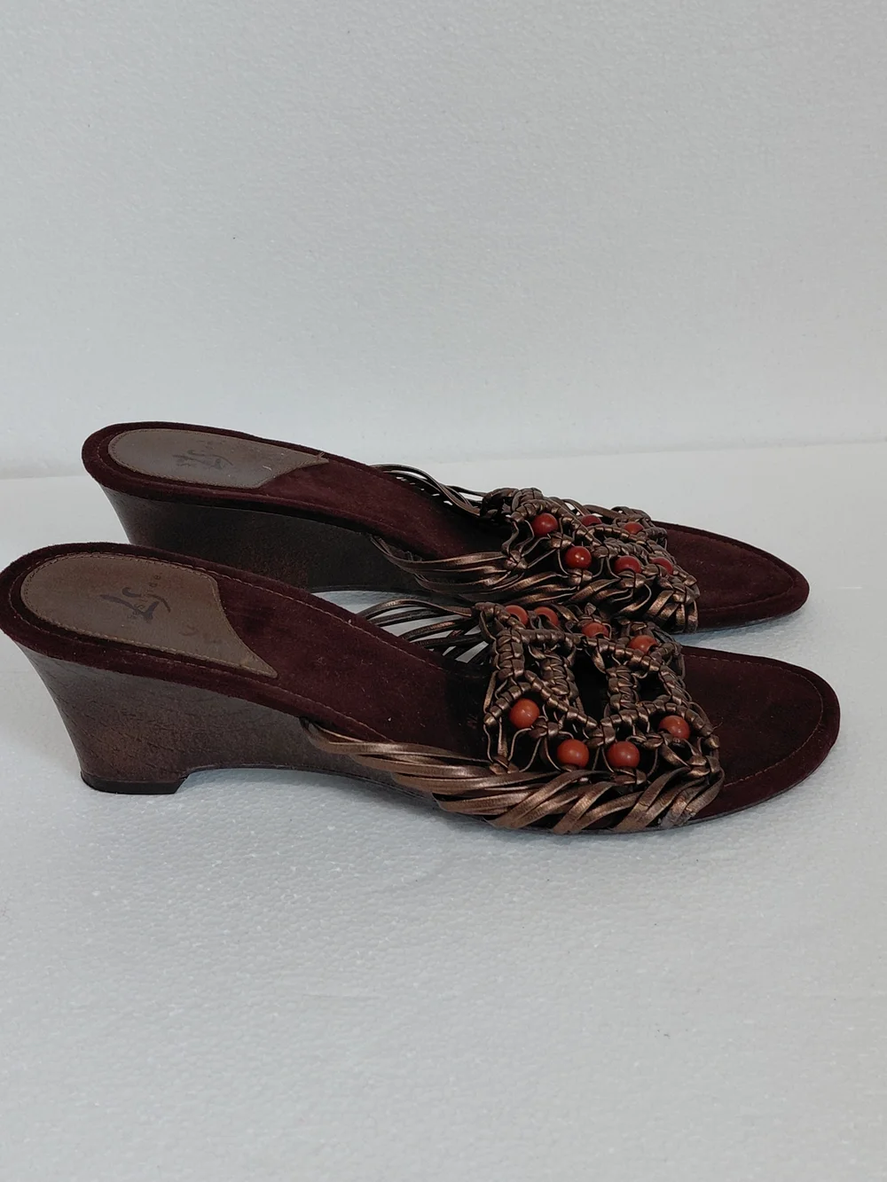 Women's Burgundy Wedge Sandals with Braided Metallic Straps