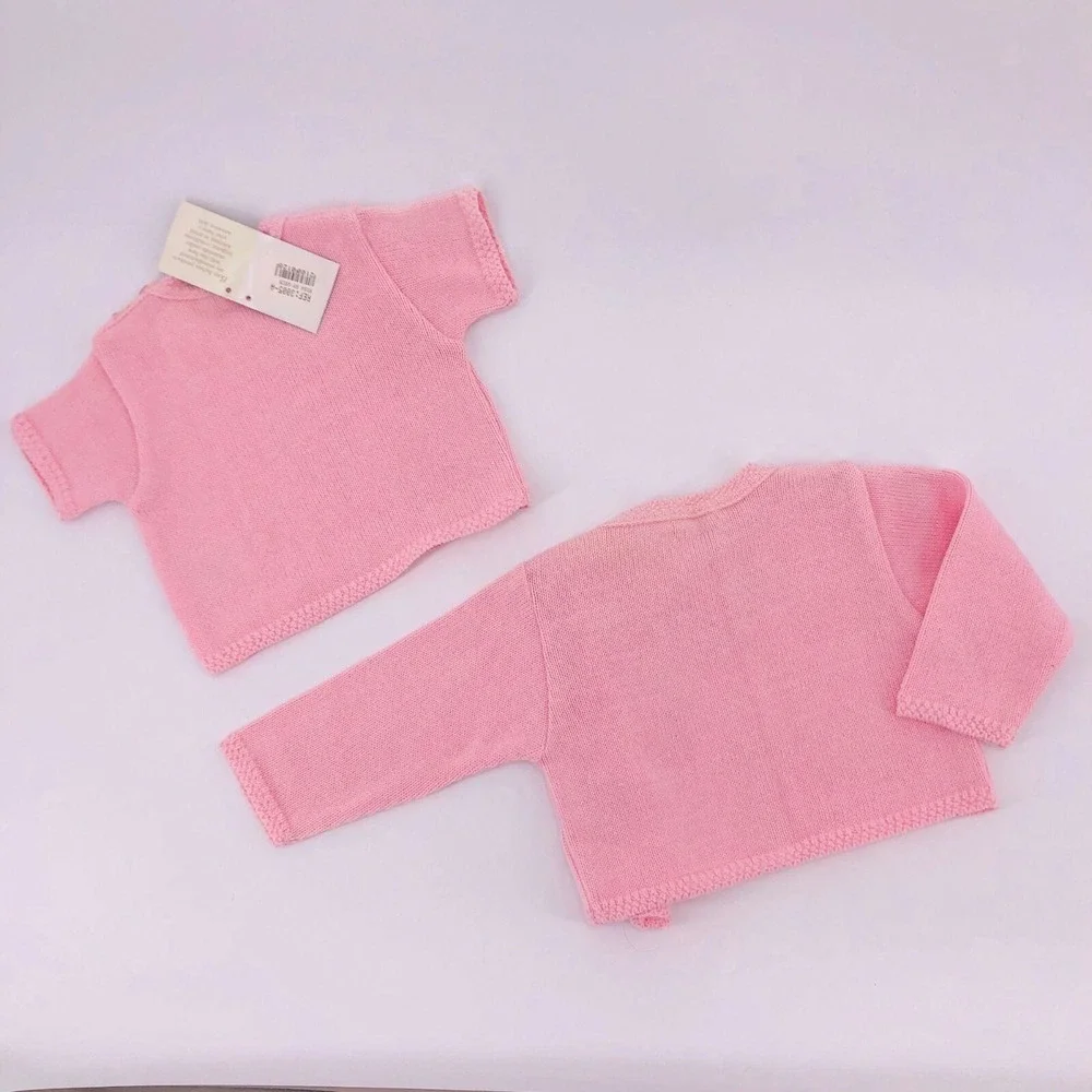New 6 Mo Pink Short Sleeve Sweater & Cardigan Set Detailed Trim w Square Buttons