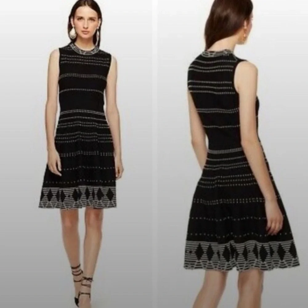 Kate Spade Black White Geometric Knit Fit and‎ Flare Dress Size S