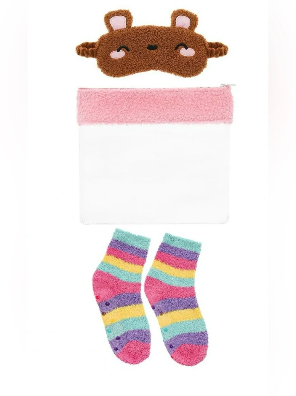 NWT Wonder Nation Teddy Bear Sleepover Set Eye Mask Fuzzy Rainbow Socks Pouch