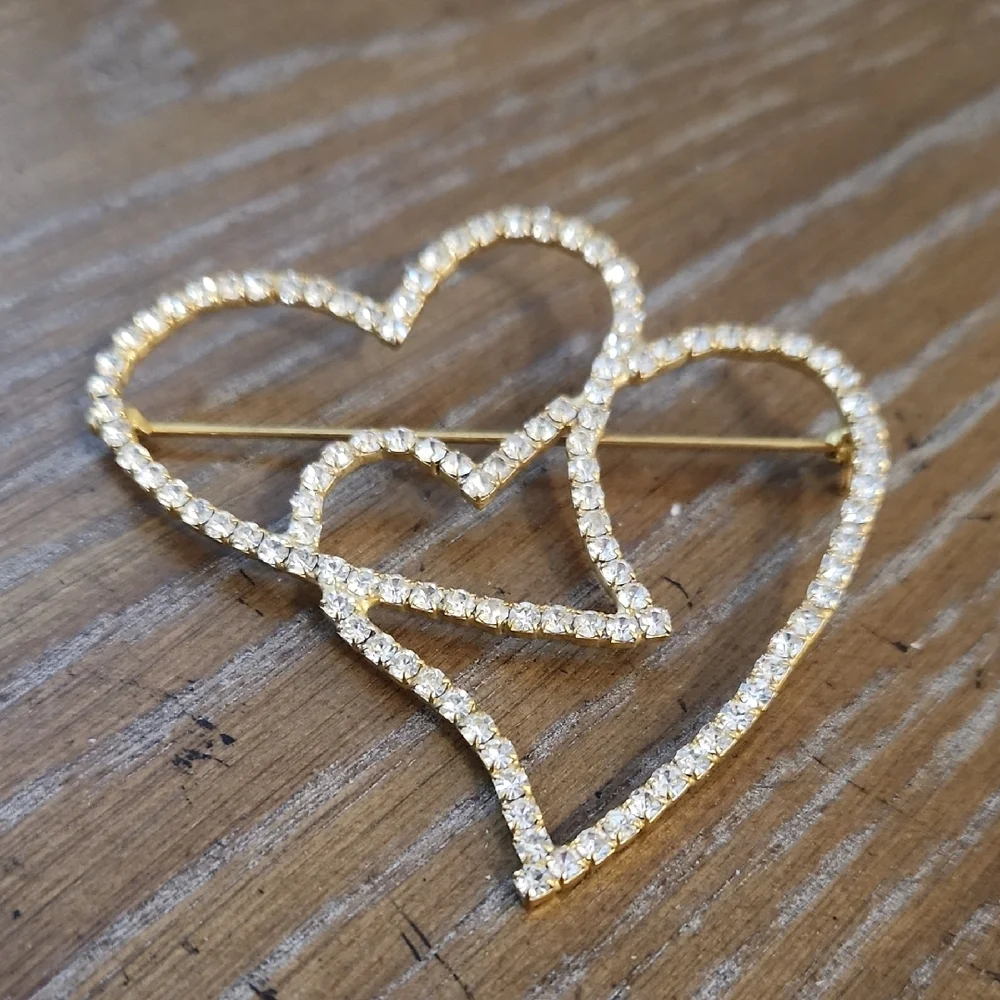 Gold Heart-Shaped Brooch with Crystals