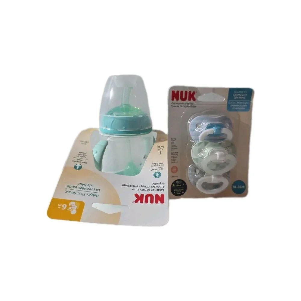 NUK Learner Straw Cup 5oz‎ + 3 Orthodontic Pacifiers 18–36m Set Baby Spill-Proof