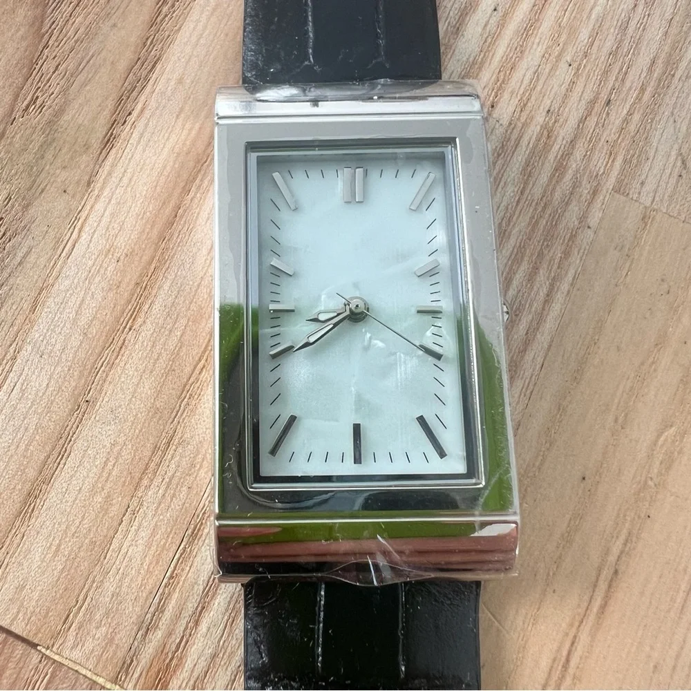 NIB Coldwater creek ladies rectangular silver tone black leather dress watch
