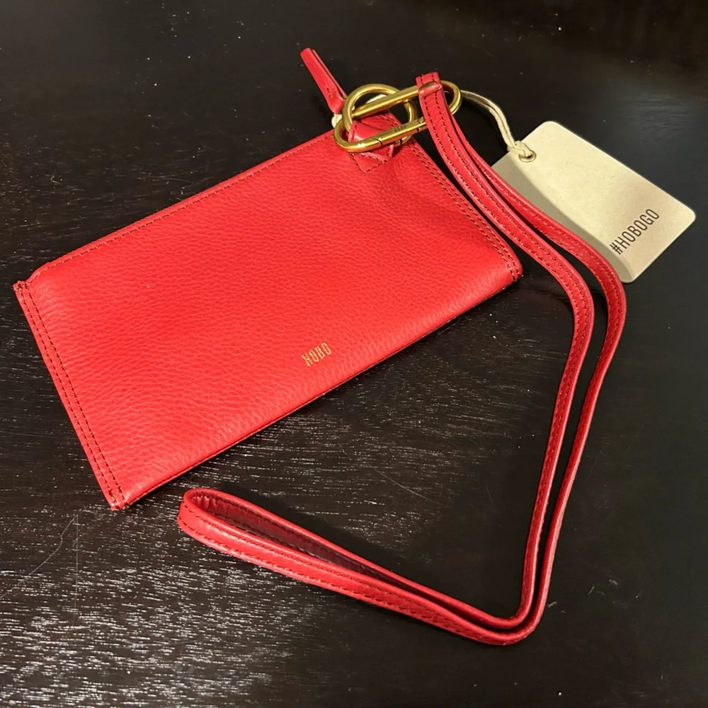 HOBO INTERNATIONAL Tour Leather Zip Pouch Bag Wristlet /  Lanyard Red/Go New