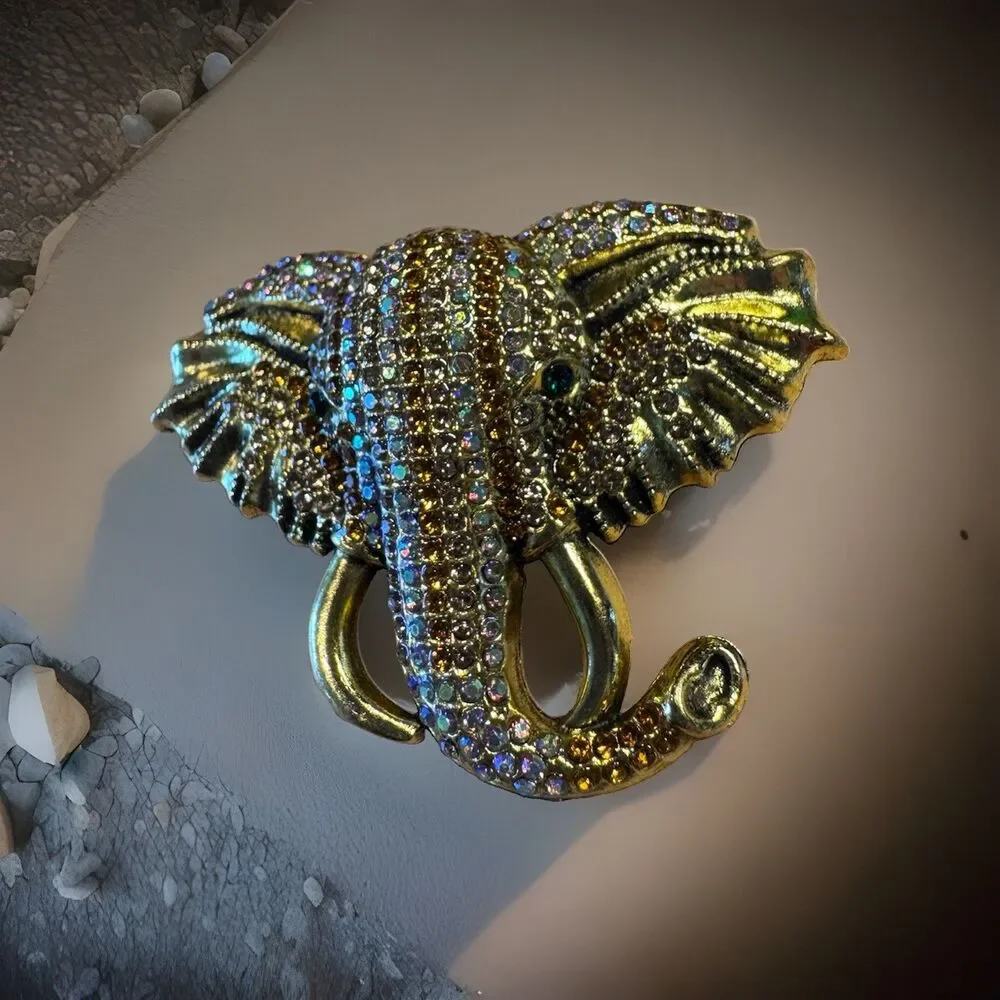 Large Elephant Head Brooch Gold Tone Pave Rhinestone Crystal Statement Pin