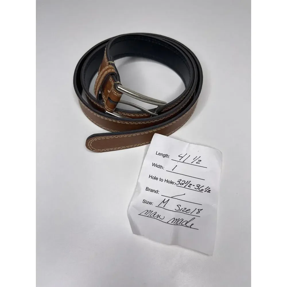 Vintage Women’s Brown Faux Leather Belt, Silver Buckle, Contrast Stitching 41.5”