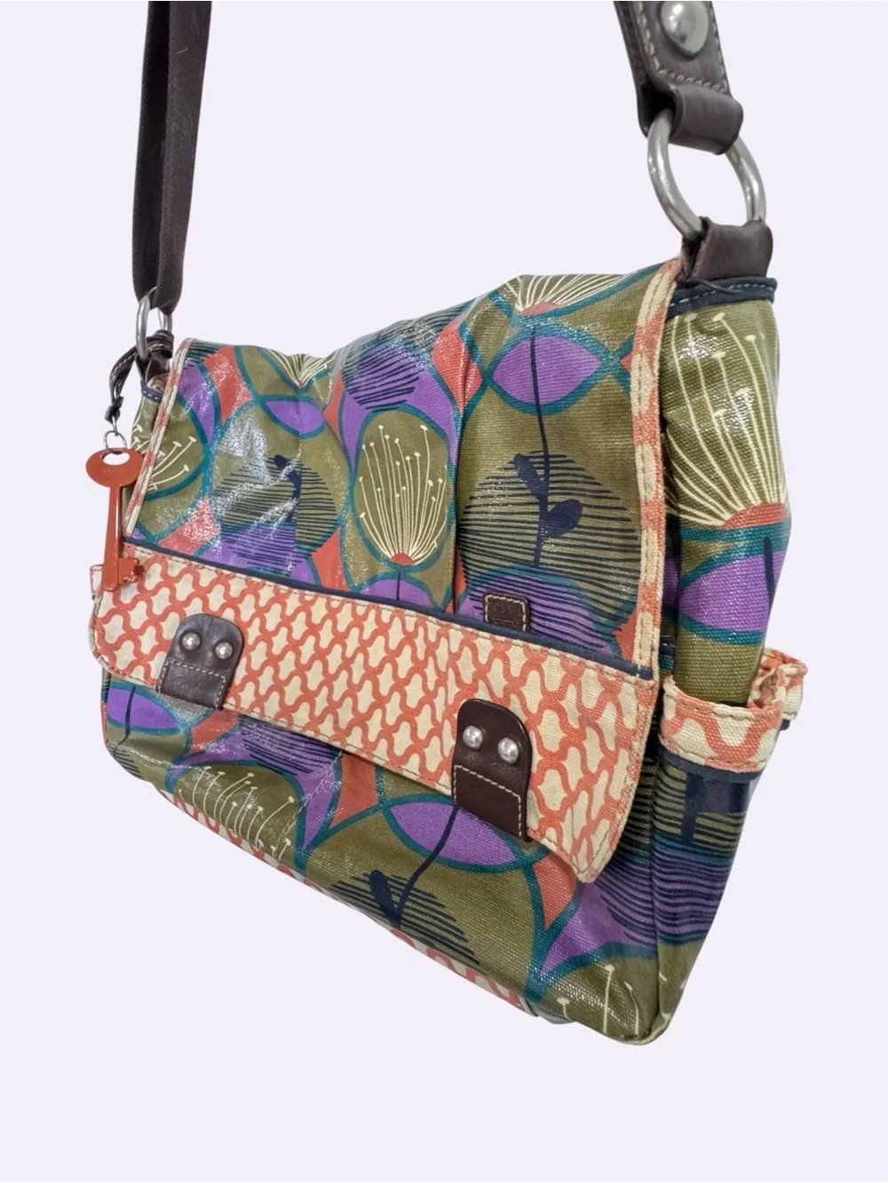 Fossil Floral Coated Canvas Messenger Bag Boho Retro Print Shoulder Purse