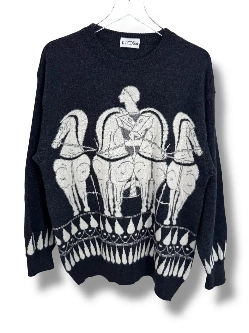HOM sweater XL lambswool crew pullover equestrian horse chariot Italy gray white