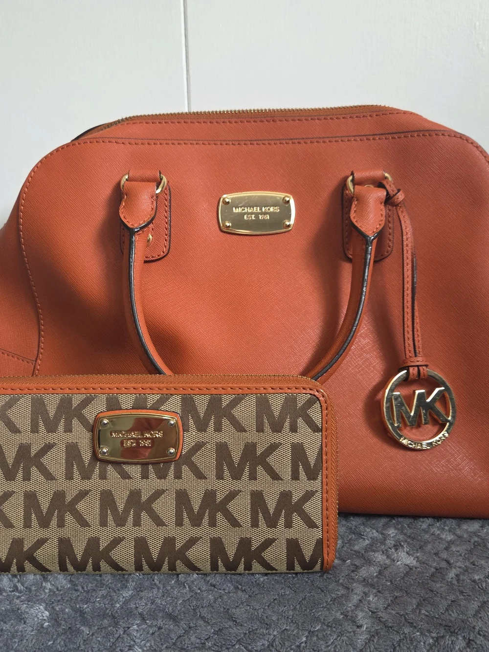 Michael Kors Orange Saffiano Leather Satchel with Matching MK Logo Wallet