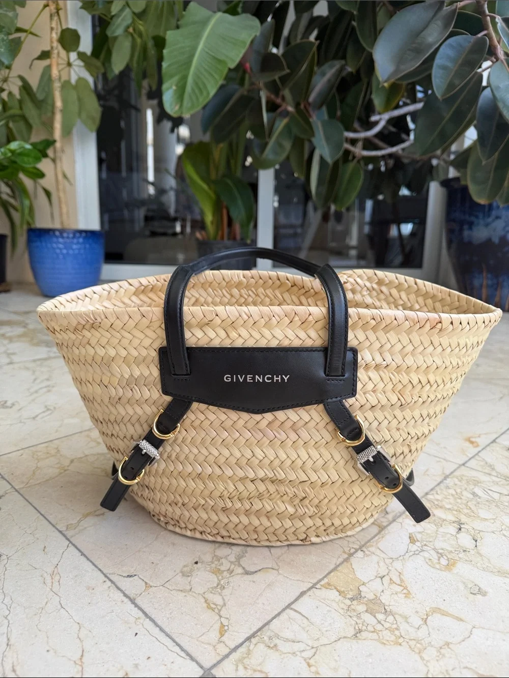 Givenchy Natural Straw Basket Tote with Black Leather Accents
