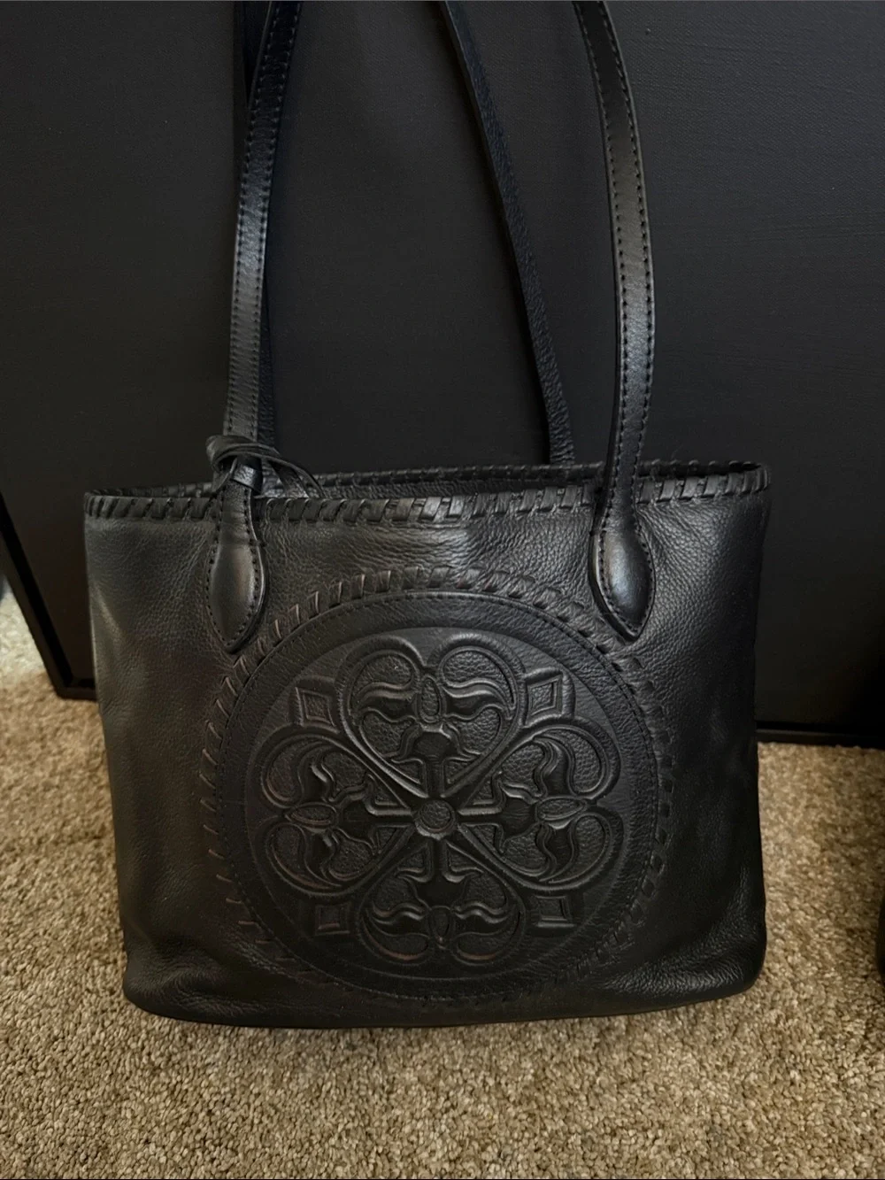 Brighton Black Leather Tote with Embossed Medallion