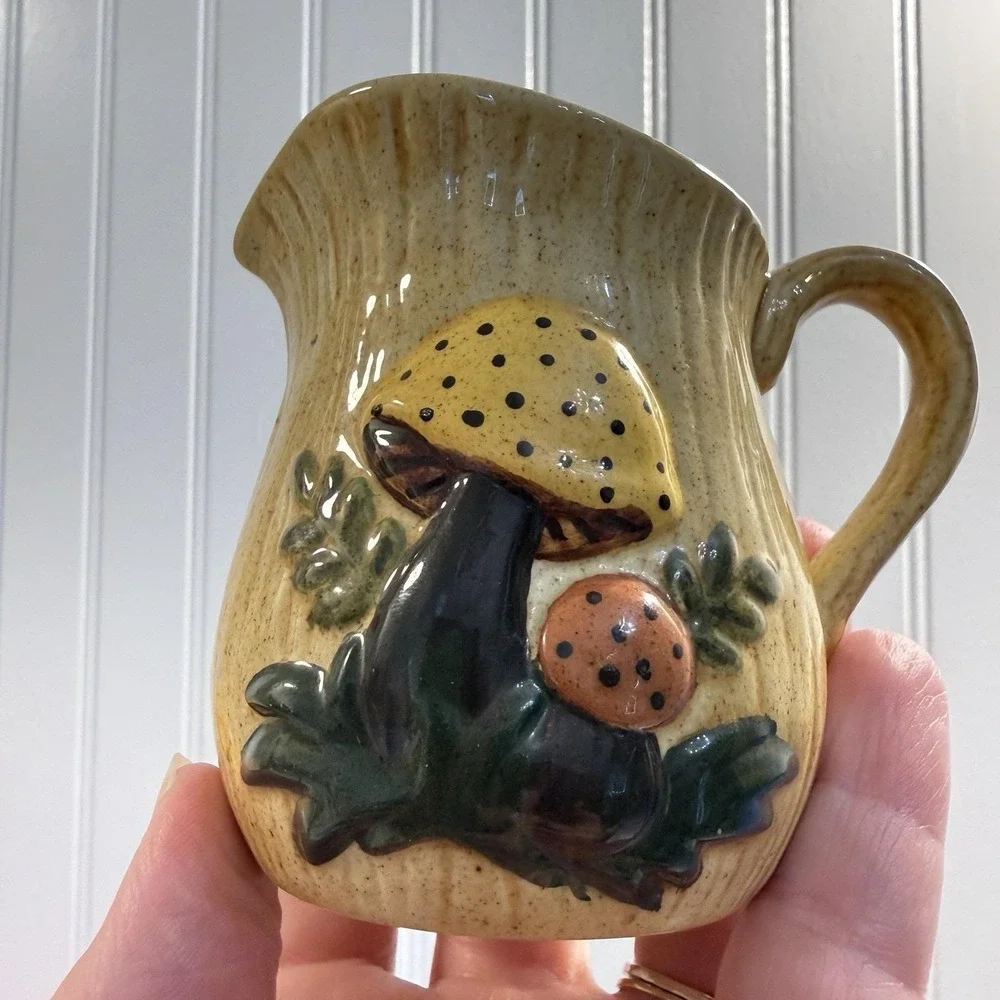 1970s Mushroom Painted Yellow Ceramic Mini Pitcher Creamer 3
