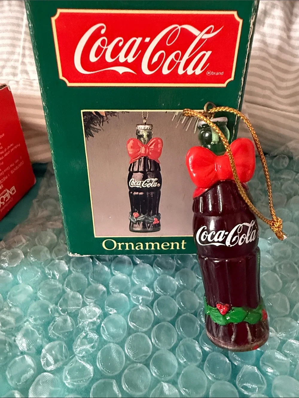 Vintage 1990 Coca-Cola Bottle with red bow Ornament in box