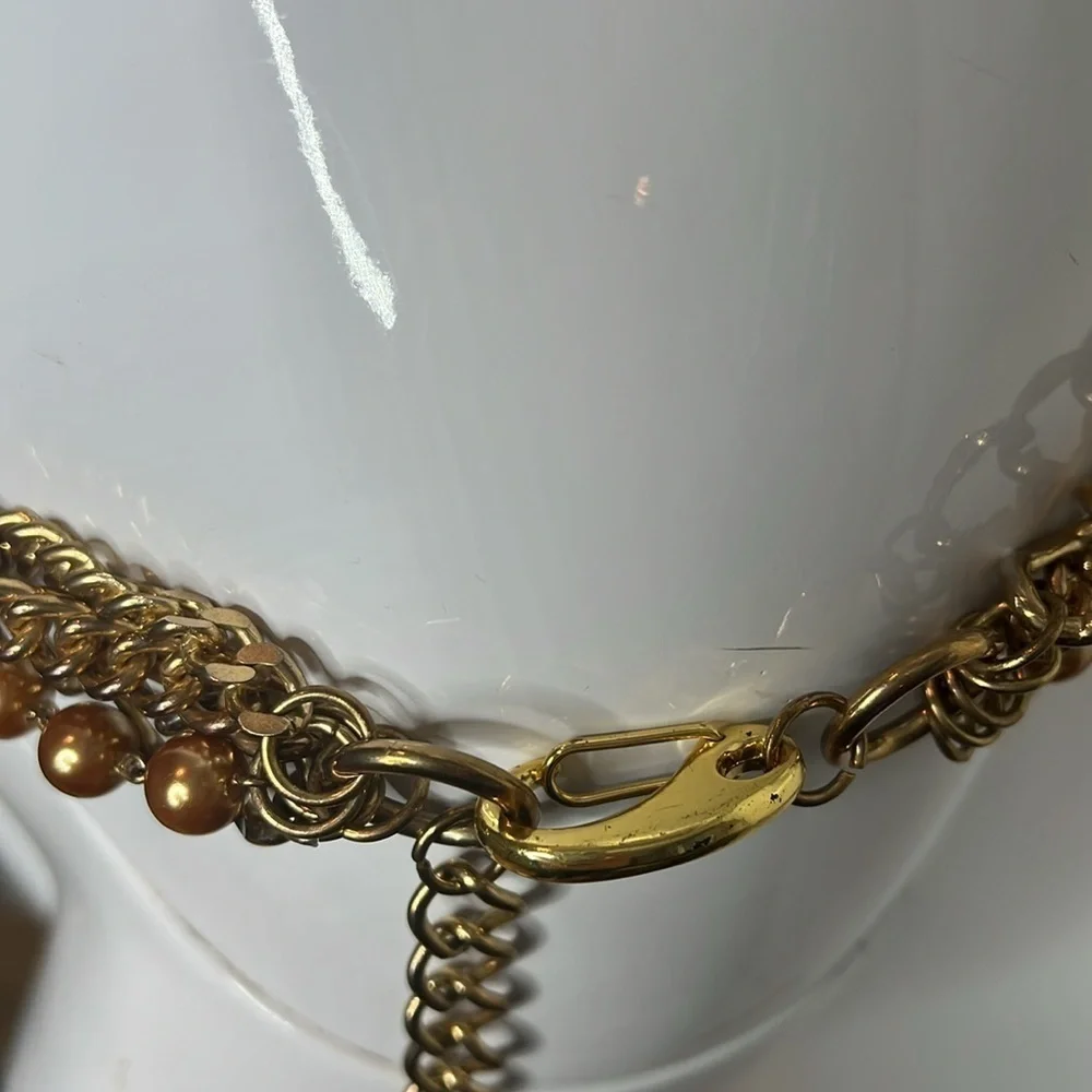 Gold Chain and Rose Pearl Drop Four Strand Adjustable Chain Belt