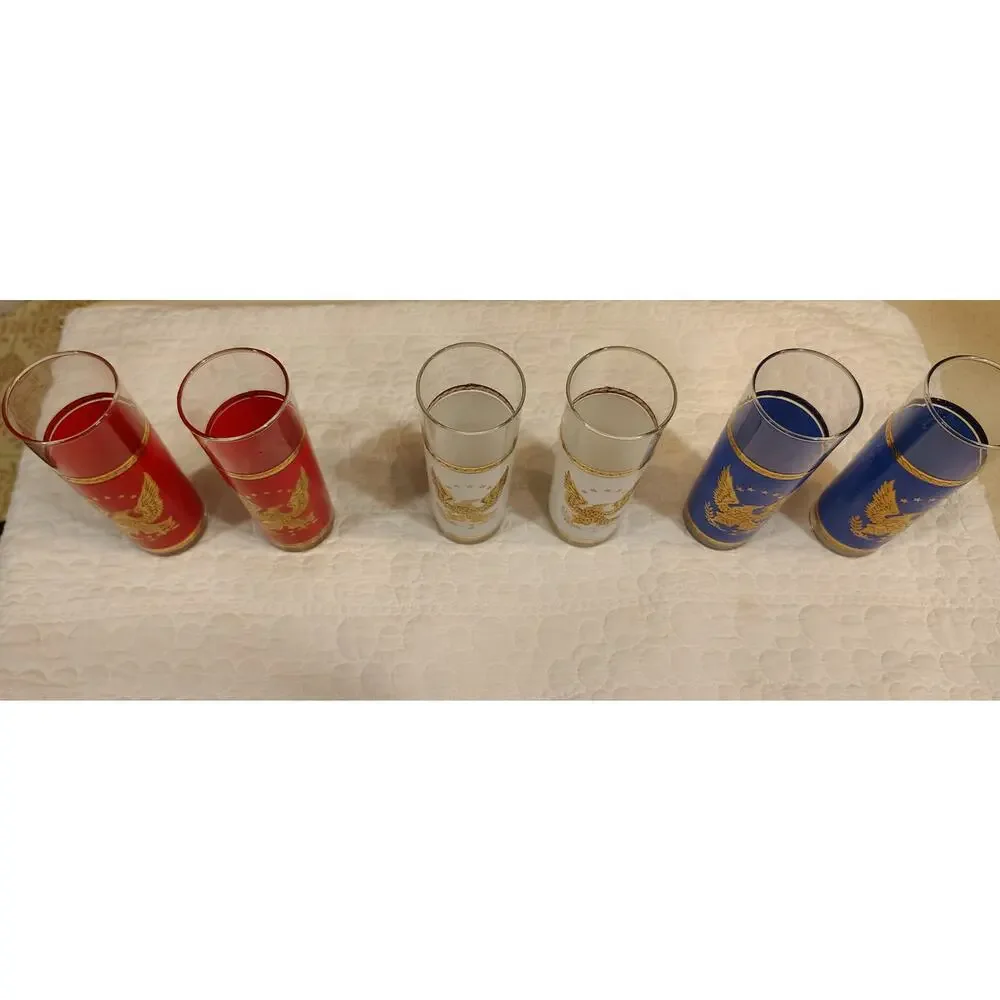 Vintage Set 6 Federal Glass Patriotic Tom Collins Glasses Red White Blue Gold