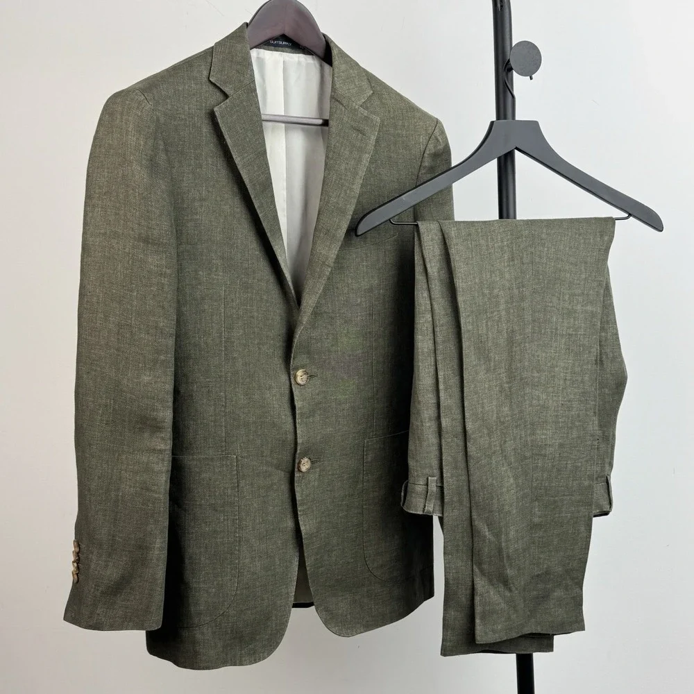 Suitsupply Havana Linen Suit Men's 36R Olive Green Slim 2 Piece Solbiati