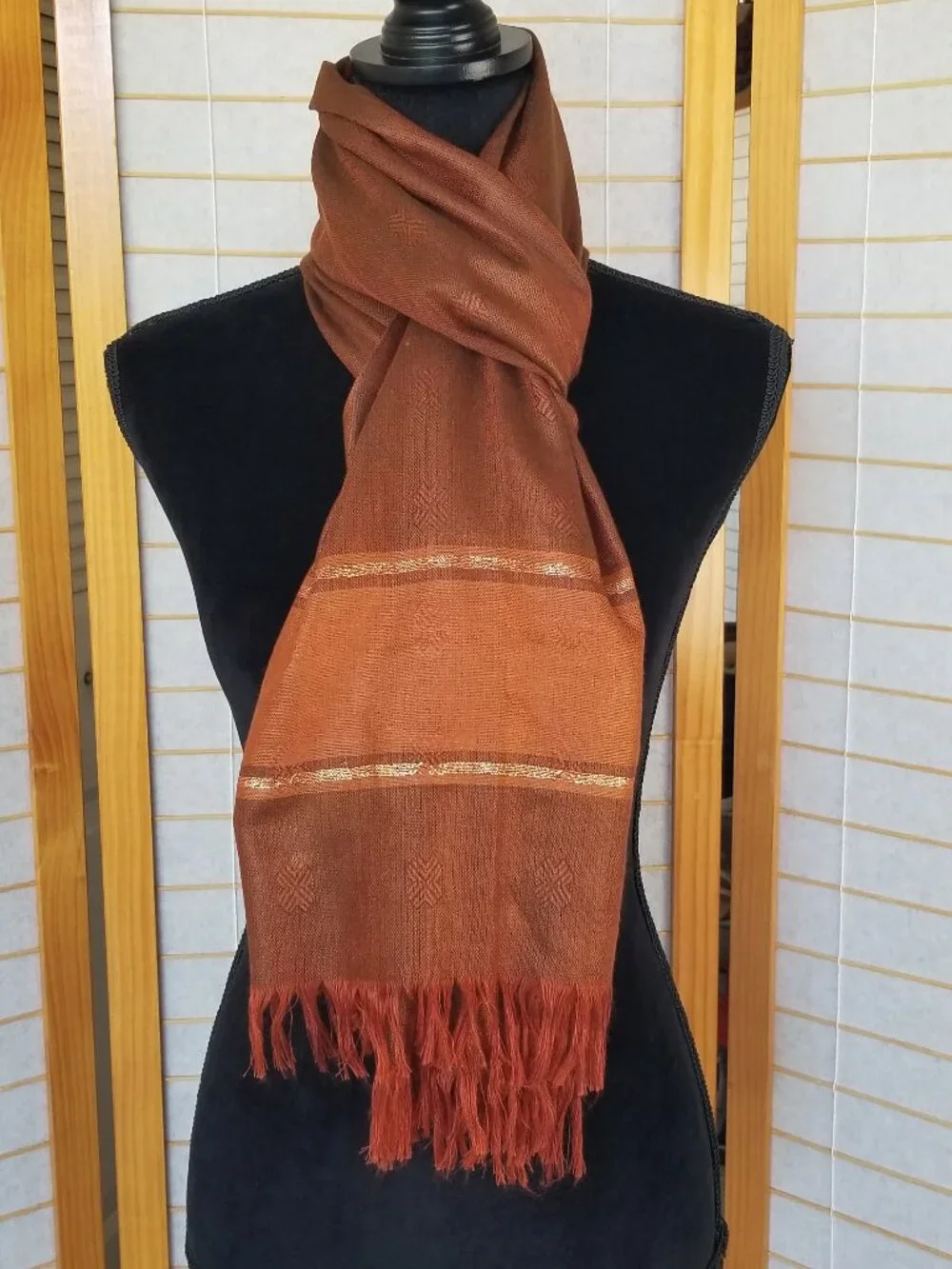 Copper Color Wool Blend Oversized Scarf Wrap Gold Metallic Accents 23