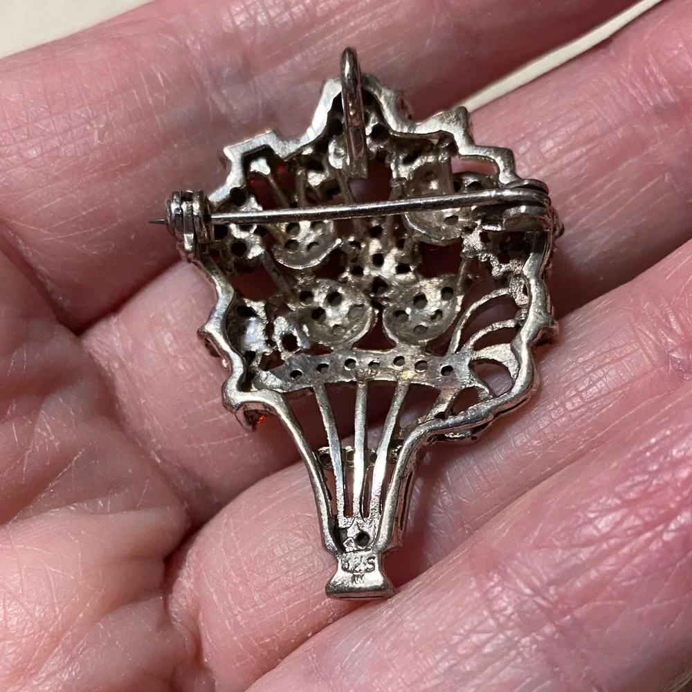 Vintage 925 Sterling Silver Marcasite Garnet & Jade Floral Brooch Pendant