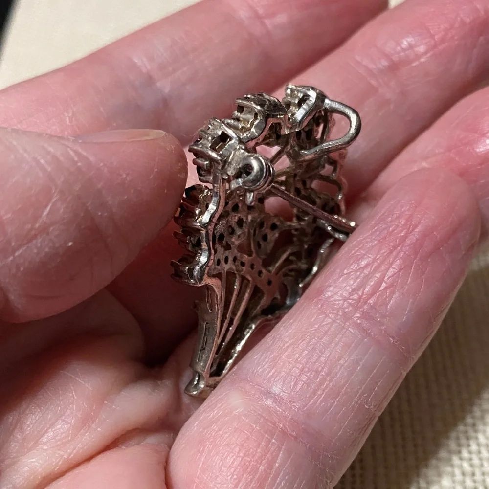 Vintage 925 Sterling Silver Marcasite Garnet & Jade Floral Brooch Pendant