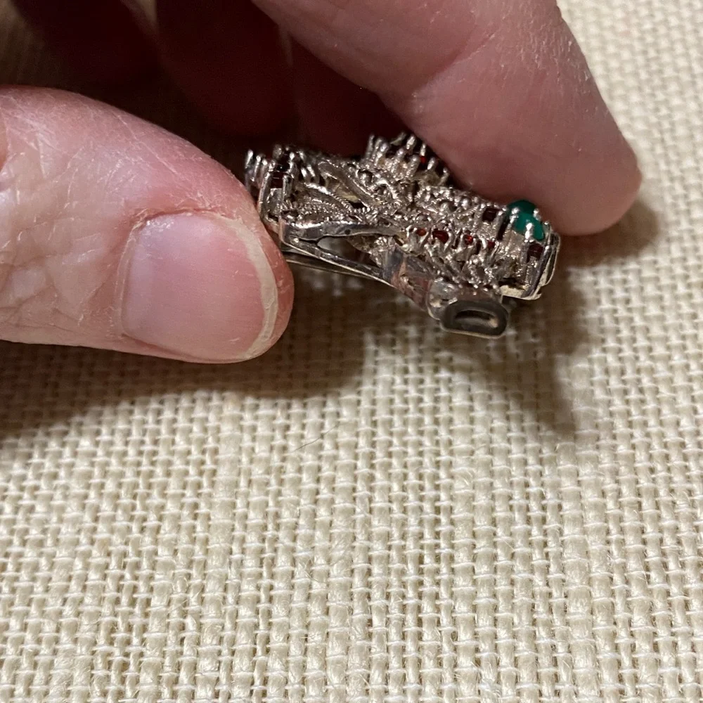 Vintage 925 Sterling Silver Marcasite Garnet & Jade Floral Brooch Pendant