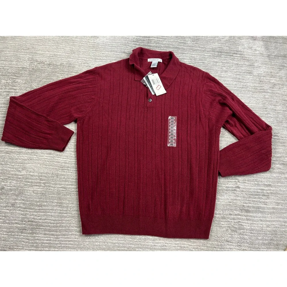 Geoffrey Beene Polo Sweater Mens Large Red Cranberry Marl Ribbed Fine Gauge NWT
