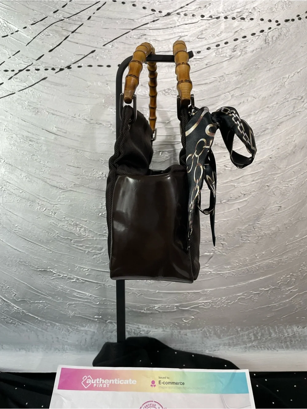 Gucci Dark Brown Handbag with Bamboo handles in nylon and patent leather