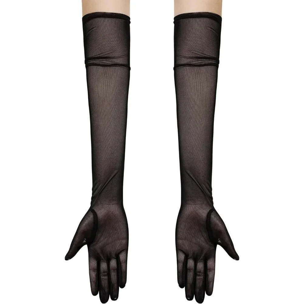 Women's Tulle Dark Navy Long Stretchy Gloves Halloween Party Wedding Costume