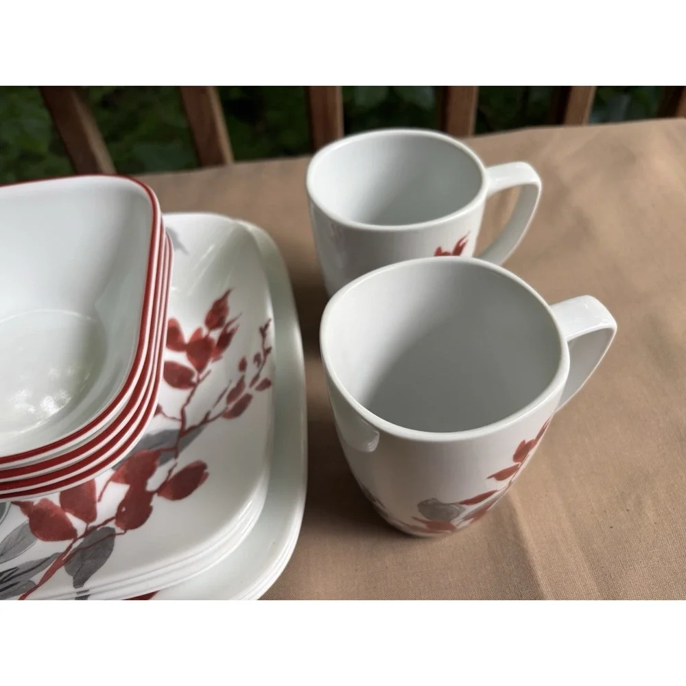 Corelle Kyoto Leaves 15 Pc Square Set 3 Dinner Plates 4 Luncheon 4 Bowls 4 Mugs