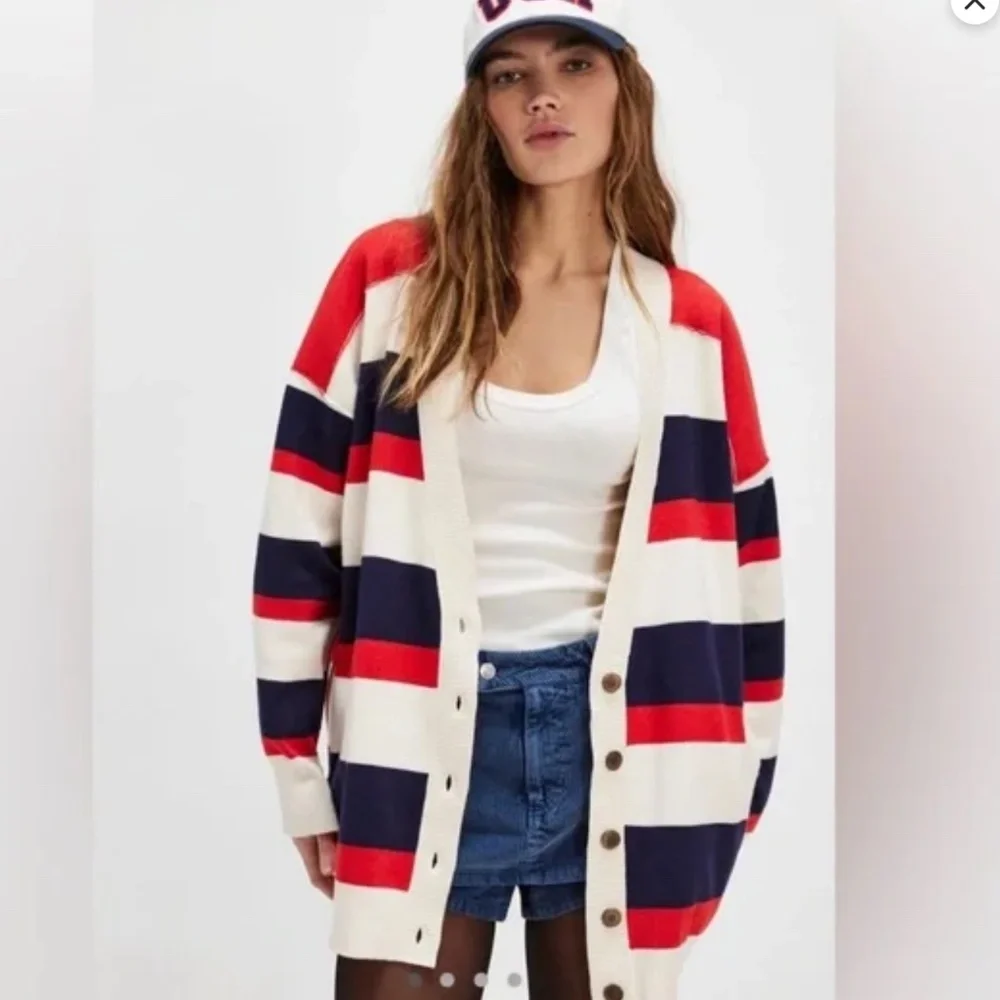 Free People Oversized Striped Cardigan in Red, Navy & Cream