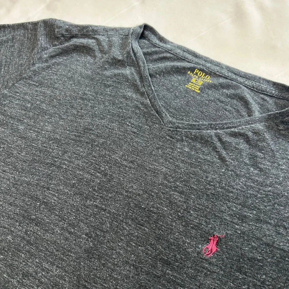Polo Ralph Lauren Mens XL Gray V-Neck Long Sleeve T-Shirt Pink Pony Logo Cotton