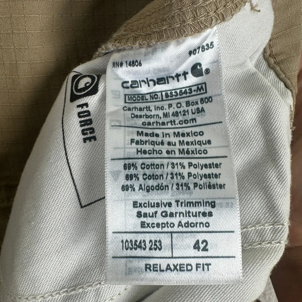 Carhartt Force Relaxed Fit Cargo Shorts Mens 42 Tan Ripstop Workwear Utility