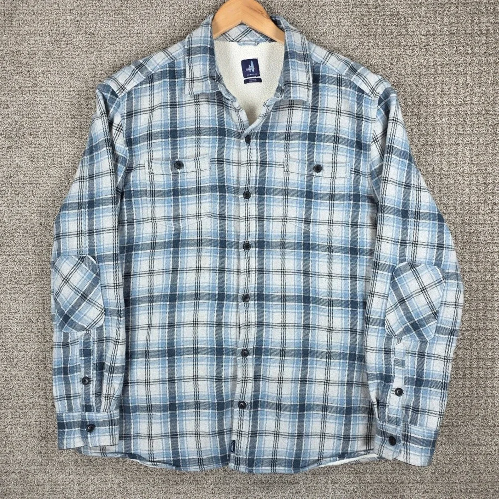 Johnnie-O Mens XXL Chad Shirt Jacket Blue‎ White Plaid Sherpa Lined Flannel