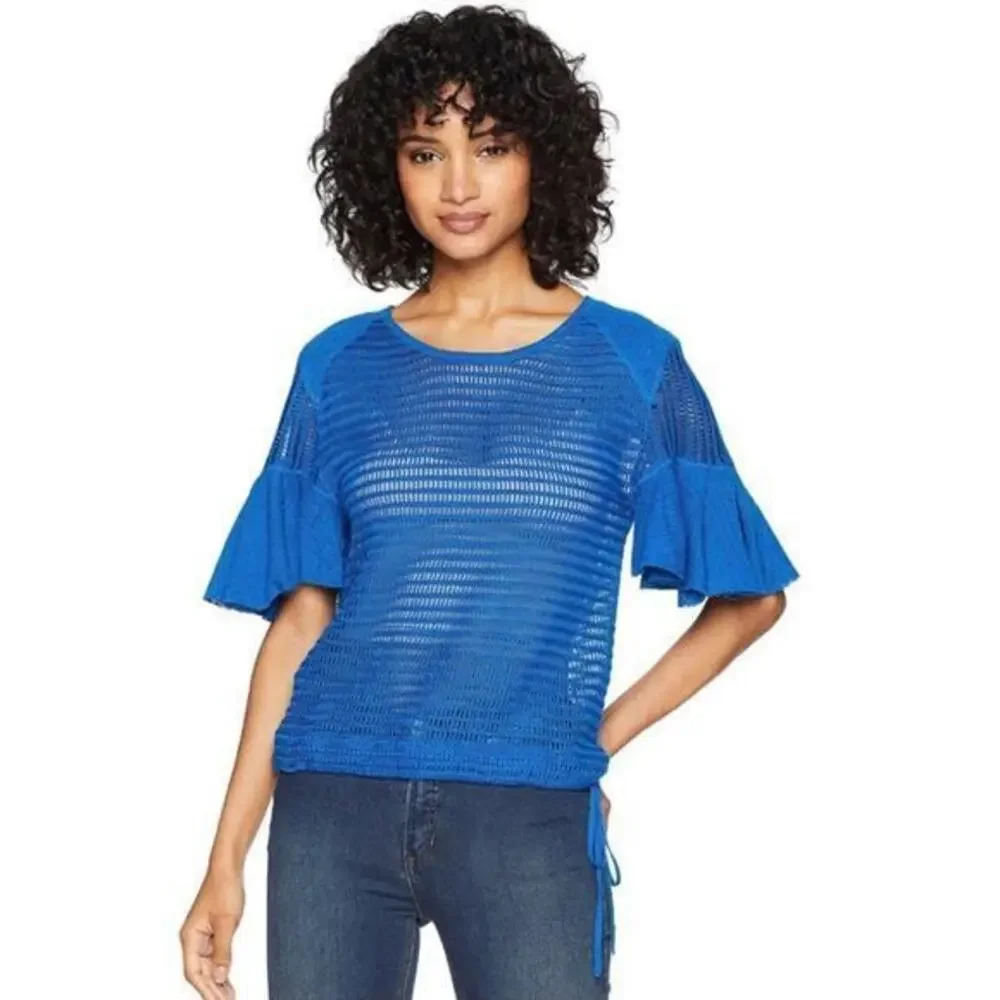 Free People F Babes Only Lasting Laguna Blue Flutter Sleeve Open Knit Top large