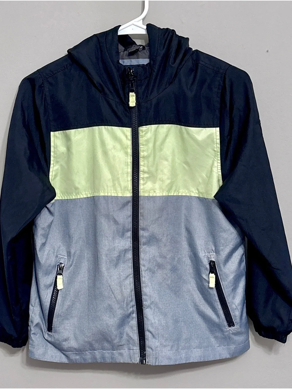 OshKosh B'gosh Colorblock Hooded Jacket Size 8 Windbreaker Black, Lime, and Gray