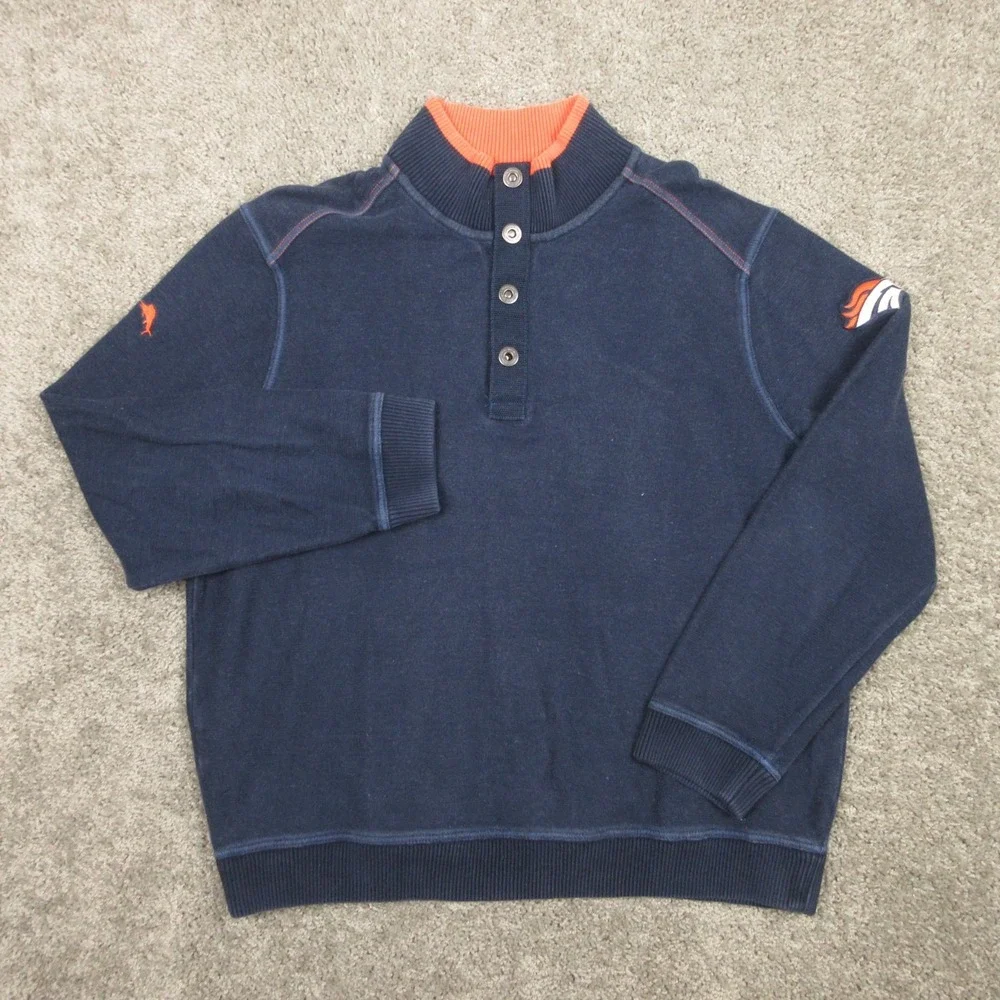 Denver Broncos Sweater Mens Large Blue 1/4 Snap Knit Pullover Tommy Bahama NFL