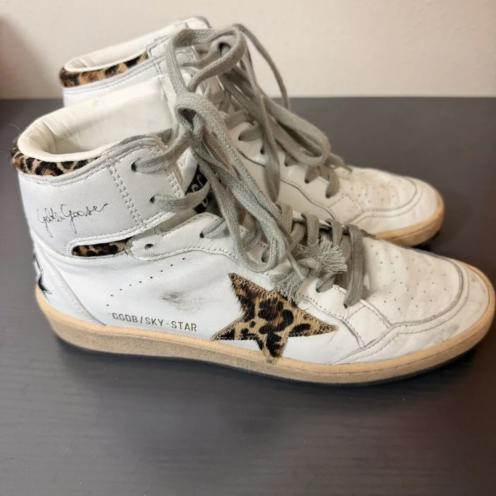Golden Goose High Top Sneakers Womens Sz 38 Sky Star Signature Pony Hair Leopard