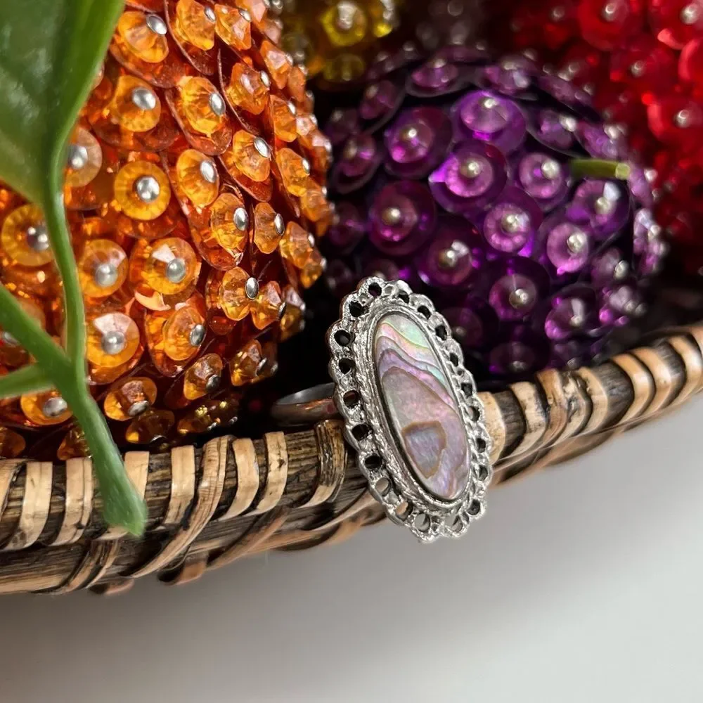 Vintage Silver Mexican Navajo Iridescent Abalone Moonstone Filigree Oval Ring