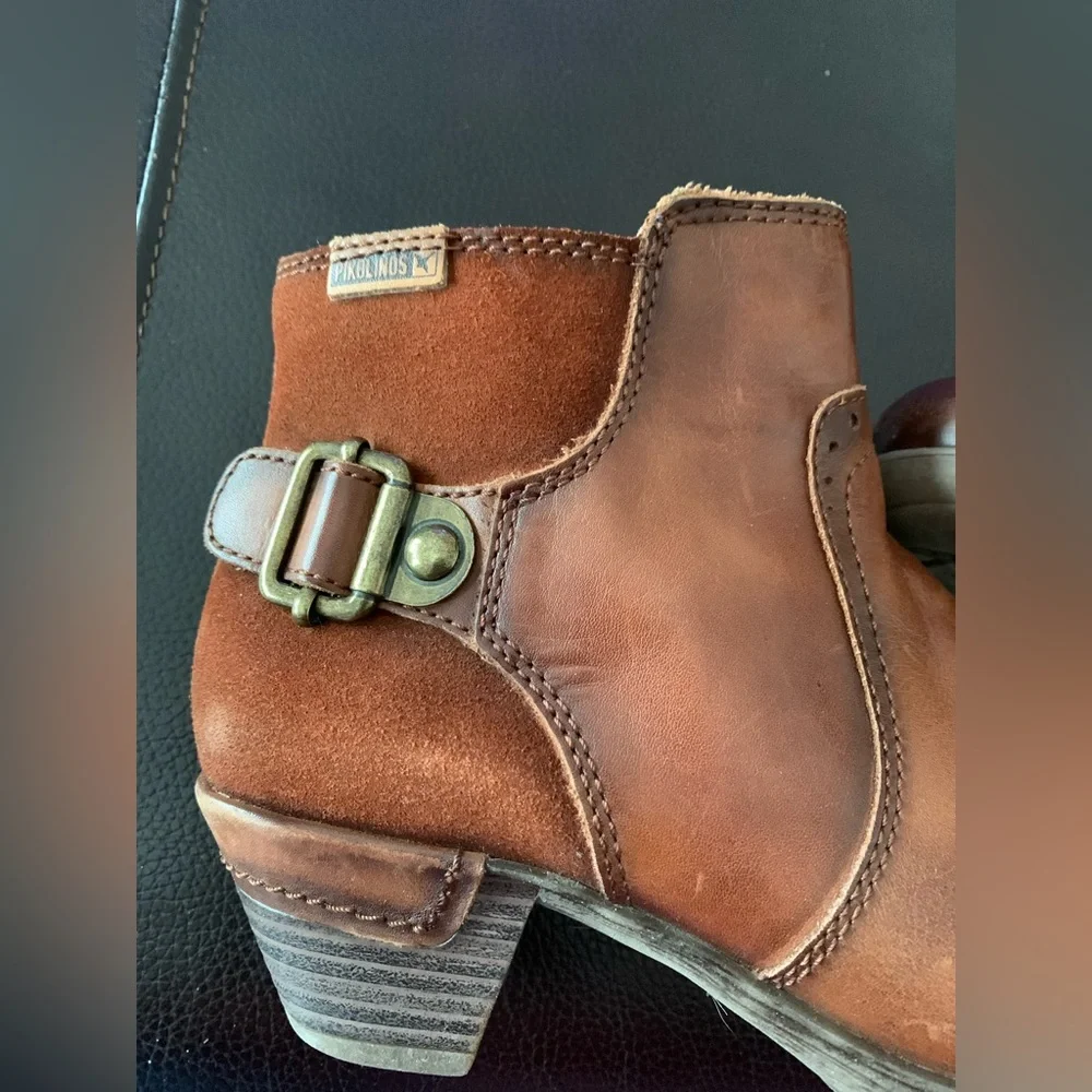 Pikolinos Women's Brown Leather Ankle Boots EU 36 US 5.6-6 Side Zip Buckle Strap